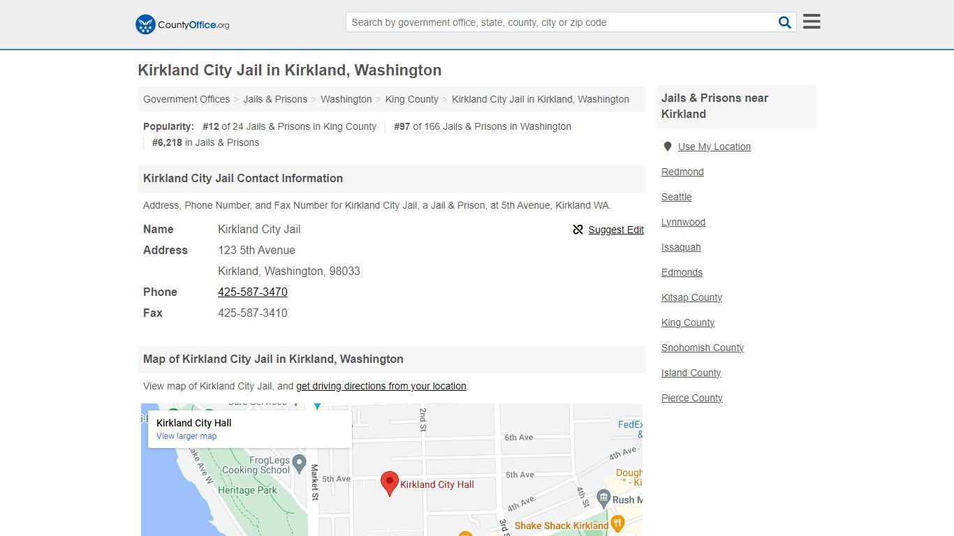 Kirkland City Jail - Kirkland, WA (Address, Phone, and Fax)